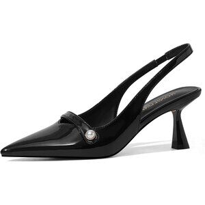 🆕Women Black Polyurethane Kitten Heels Slingback Pumps Pearl Toe